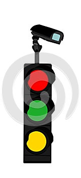 Vertical traffic light vector illustration isolated on white background. Public surveillance video camera