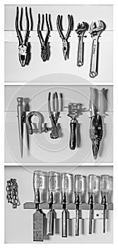 Vertical triptych of workshop tools