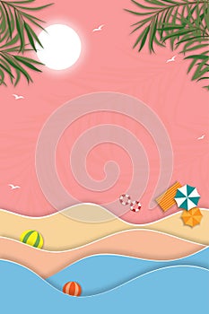 Vertical Tropical seascape of ocean beach, coconut palm tree and sun, Summer sale banner design with paper cut tropical beach on