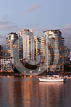 Vertical twilight view of the Vancouver skyline