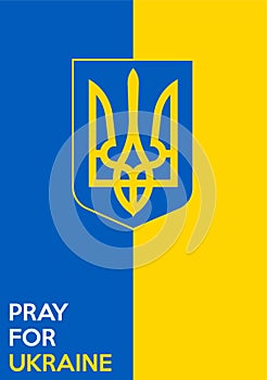 Vertical Ukrainian flag and coat of arms of Ukraine. Yellow blue flag of Ukraine with trident