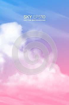 Vertical vector background with realistic pink-blue sky and clouds.