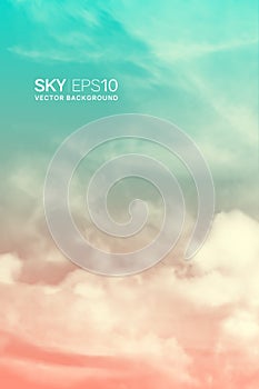 Vertical vector background with realistic pink-blue sky and clouds.