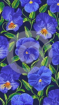 Vertical vector botanical background for smartphones. Blue Pansies on dark background.