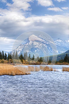 Vertical of Vermillion Lakes and Mount Rundle near Banff, Canada