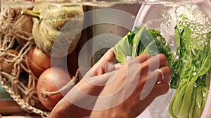 Vertical video close up of hands washing fresh bokchoy in the sink