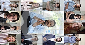 Vertical videos collage view, diverse people take part in videocall