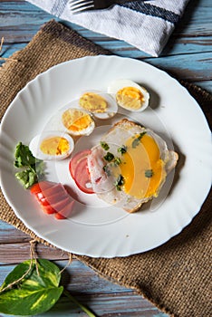 Vertical view of bread slice with poached egg