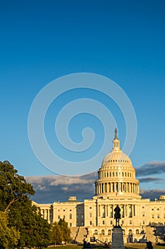 Vertical View of The Capitol Hill in Washington DC at Golden Hour before the Sunset