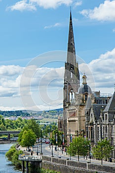 Vertical view of cathedral and river in Perth Scotland