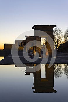 Vertical view of the Egyptian Temple of Debod at sunset. Tourist monuments in Madrid, Spain