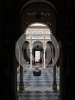 Vertical view of the entrance to an inner courtyard of the Heritage Hotel in Mandawa, Rajasthan, India