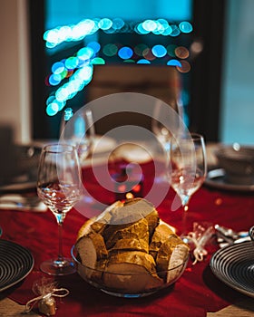 Vertical view of a family Christmas dinner table simple setting