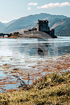 Vertical view of the famous Eilean Donan island in Loch Duich, Scotland