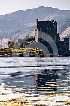 Vertical view of the famous Eilean Donan island in Loch Duich, Scotland