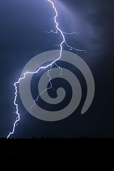 Vertical view of forked lightning bolt striking down to earth