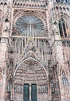 Vertical view of the front of the stunning architecture of Strasbourg cathedral in France