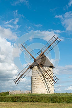 Vertical view of the historic windmill Moulin de Pierre in Hauville in Normandy