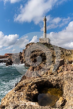 Vertical view of the lighthouse at Capo Palos in Murcia in southeastern Spain photo