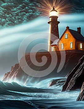 Vertical view of lighthouse graphic that includes a red lights keeper house