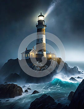 Vertical view of lighthouse graphic that includes a white lights keeper house