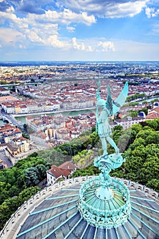 Vertical view of Lyon from the top of Notre Dame de Fourviere