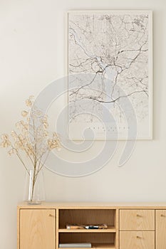 Vertical view of map above wooden cabinet