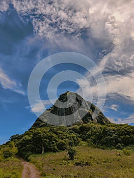 Vertical view of Mount Tibrogargan in Australia against a beautiful blue sky