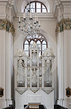 Vertical view of the organ in the Jesuitenkirche church in Heidelberg, Germany