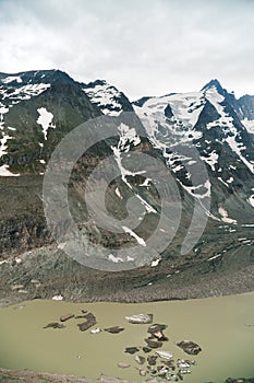 Vertical view photo of the top of the Grossglockner mountain. remnants of a glacier, ice melts. ecology and global warming, Kaiser