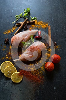 Vertical view of raw meat with vegetables and spices and condiments