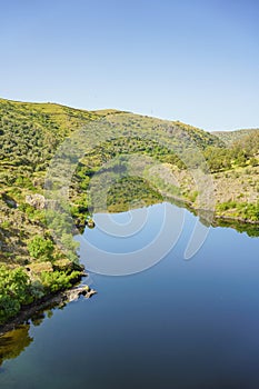 Vertical view of River Tajo in Extremadura, Spain full of water