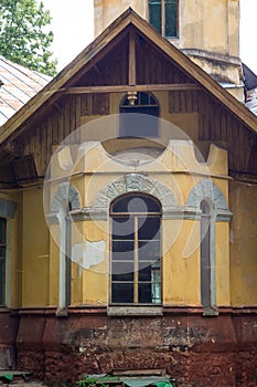 Vertical view of the semicircular facade of a manor house in the Art Nouveau style of the early 20th century
