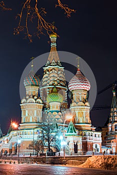Vertical view of St. Basil`s Cathedral on Red Square in the cent