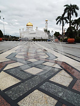 Vertical view of a street with palm trees in front of the Sultan Omar Ali Saifuddin Mosque in Brunei