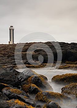 vertical view of the Streiti Lighthouse in Eastern Iceland