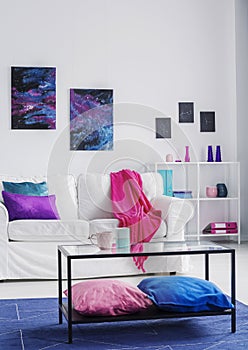 Vertical view of stylish living room with comfortable white couch with pink blanket and blue and purple pillows, cosmos graphics o