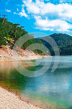 Vertical view of Sunnet Lake, Green and blue water and blue sky, Mountain Forests at the far end, Bolu, Turkey