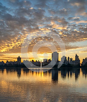 Vertical view of the sunrise reflecting over New York City\'s Central Park Jacqueline Kennedy