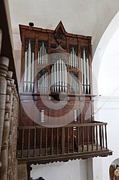 Vertical view of the 18th century organ of the Santiago el Mayor church in Castano del Robledo, Huelva, Spain