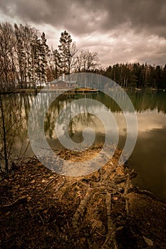 Vertical view of trees and a cottage on the coasts of a lake on a cloudy autumn day