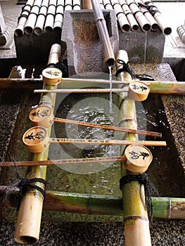 Vertical view of a typical Japanese bamboo fountain in a Kyoto temple