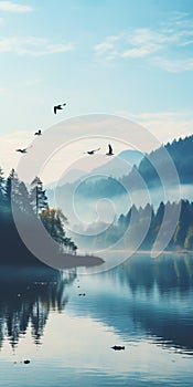 Vertical wallpaper banner with birds flying over a lake surrounded by misty mountains