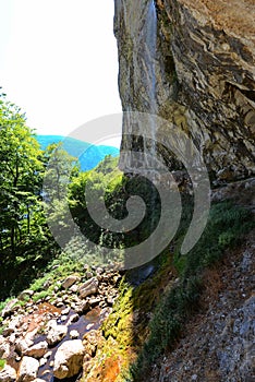 Vertical water curtain of the Vanturatoarea Waterfall from the Cerna Valley.