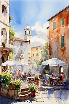 Vertical watercolor painting of a street cafe in the old town of Italy. Printable artwork. Generative AI