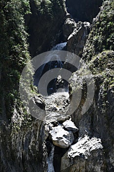 Vertical of a waterfall and ravine at Tianxiang recreation area in Xiulin township, Taiwan.