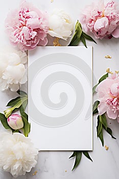 Vertical wedding stationery mock up scene. White blank paper for invitations and greeting card with peonies flowers composition
