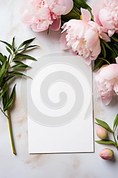 Vertical wedding stationery mock up scene. White blank paper for invitations and greeting card with peonies flowers composition