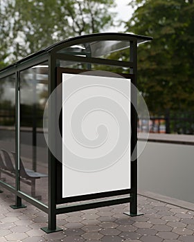 A vertical white blank billboard mockup at a bus stop on a city street. Bus stop poster mockup