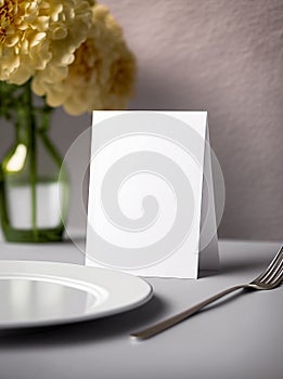 White paper mockup with yellow flowers in restaurant. Empty card for wedding table number or dinner menu template. Generative AI